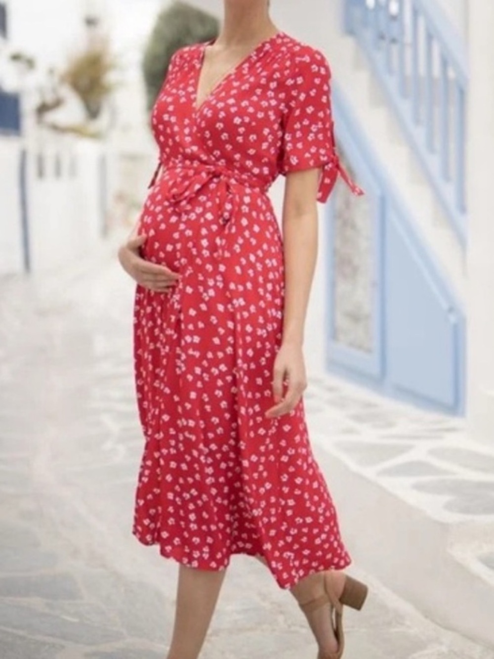 Seraphine Red Floral Wrap Maternity Dress - Elegant Everyday Nursing Dress